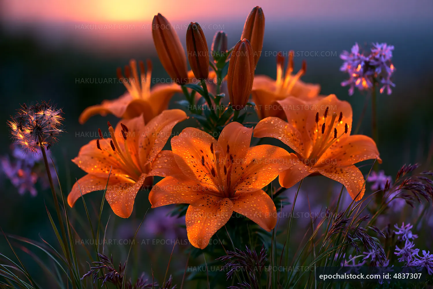 Vibrant orange lilies bloom in a field at sunset