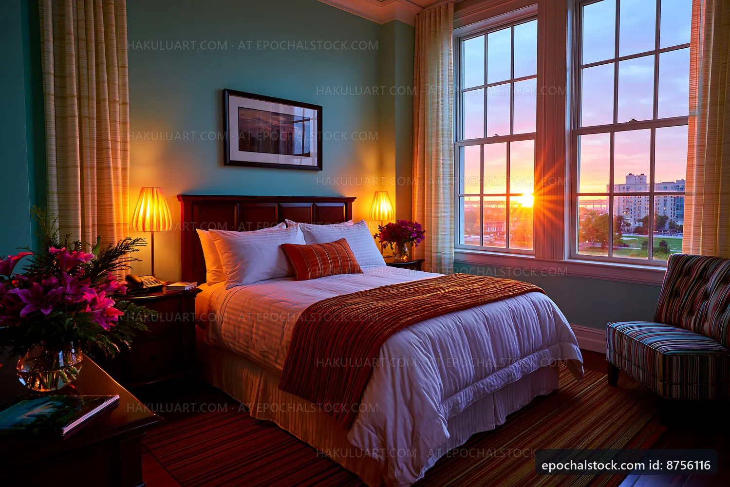 Cozy bedroom with sunset view through large windows