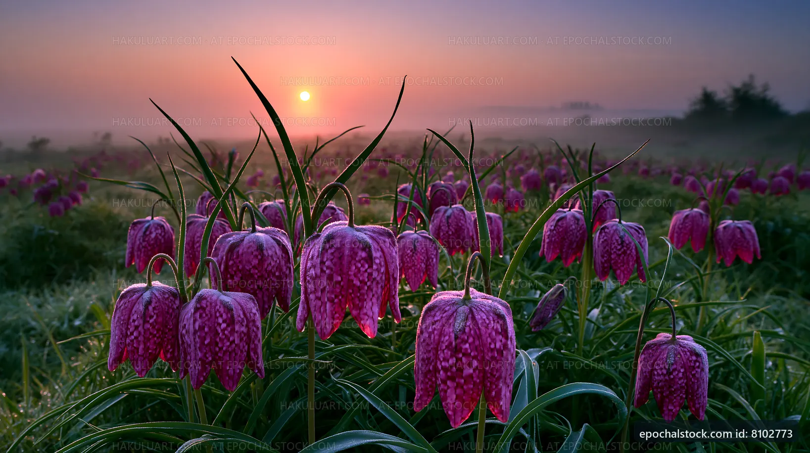 Purple flowers bloom at sunrise in a misty field