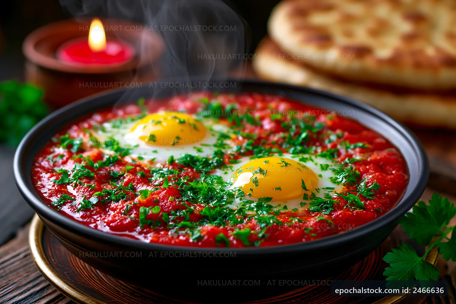 Eggs in tomato sauce with herbs served in a bowl