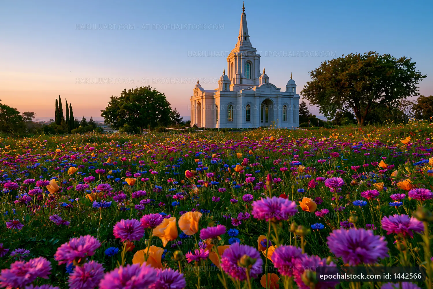 Flowers bloom near a white church at sunset