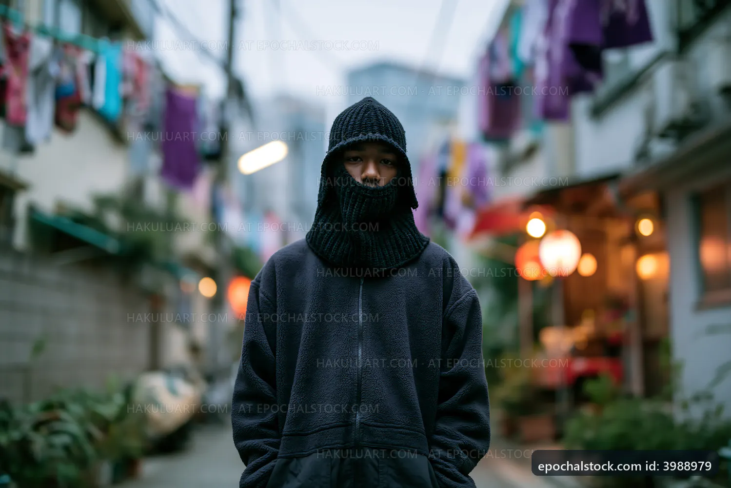Person wearing a black mask in a narrow urban alley