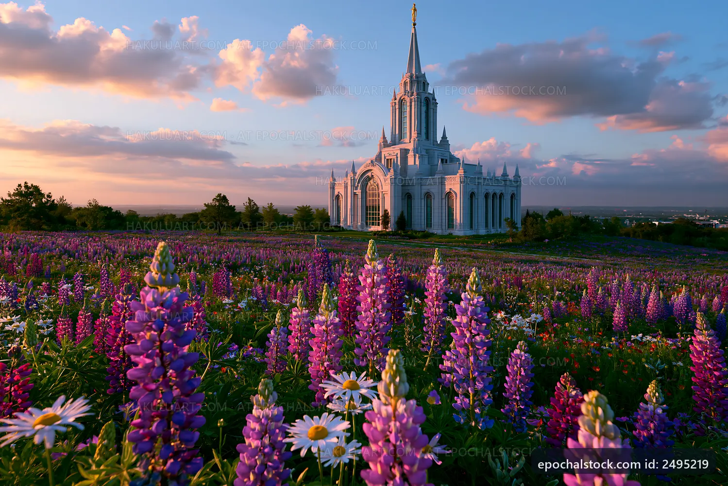 Church building surrounded by purple flowers at sunset