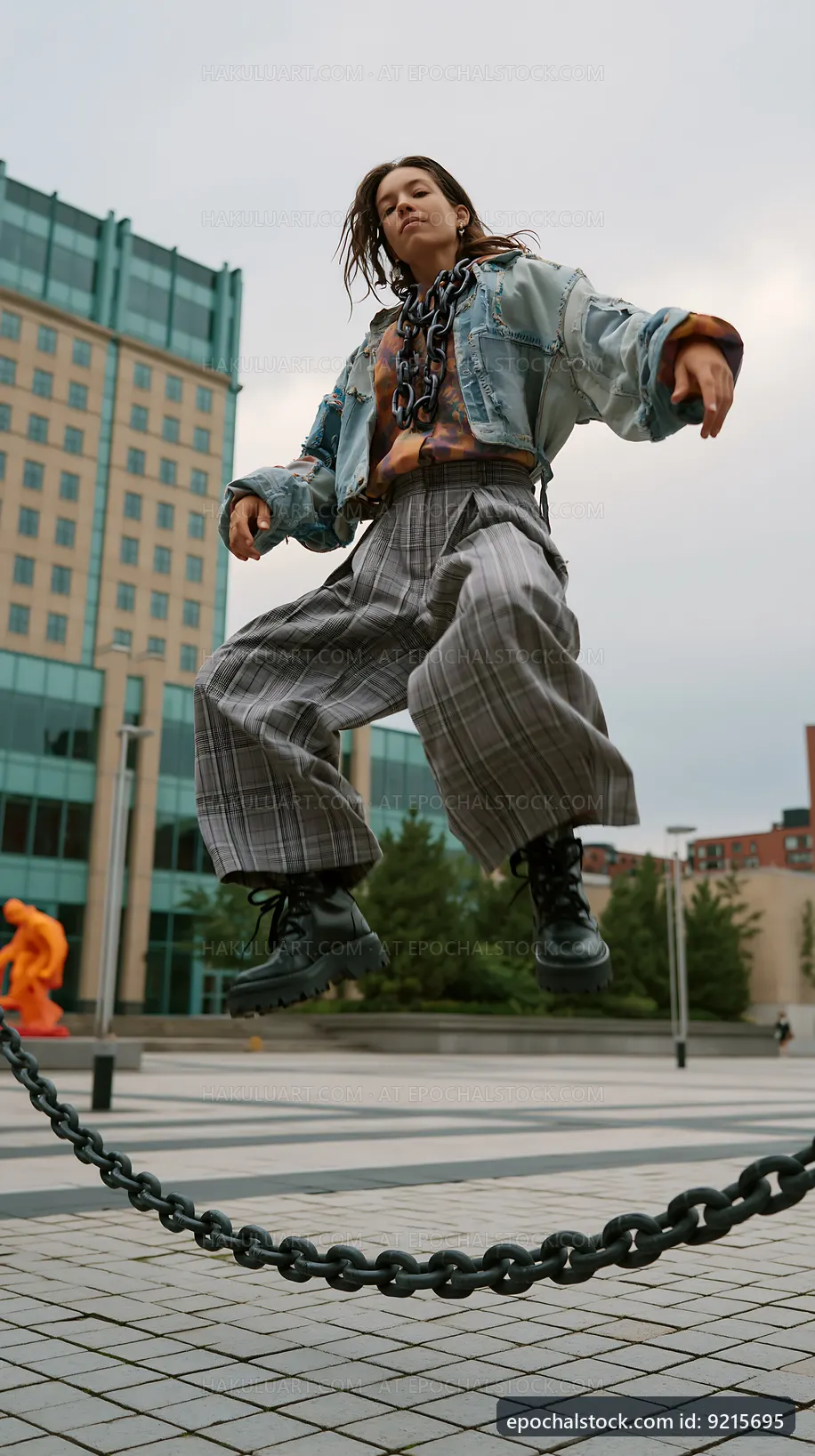 Woman jumps over a chain in urban setting