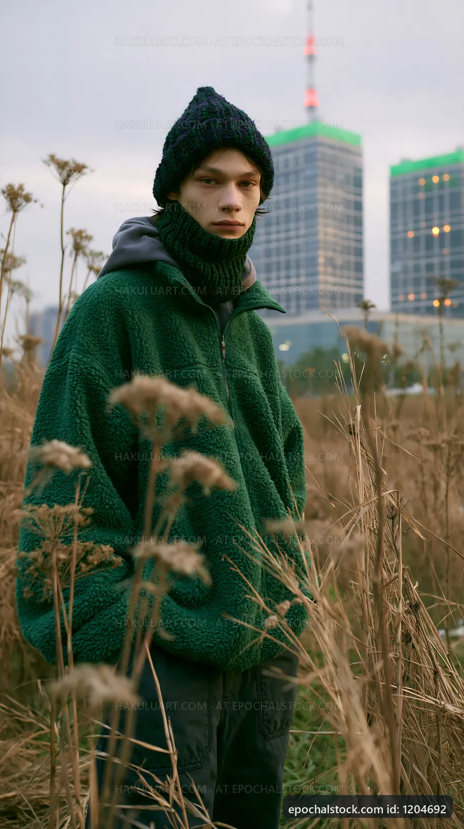 Young person in green jacket stands in tall grass near buildings