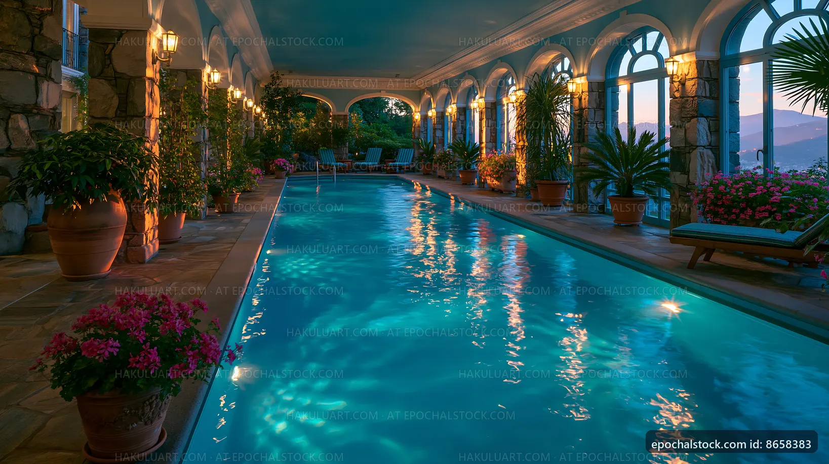 Elegant indoor pool area with plants and warm lighting
