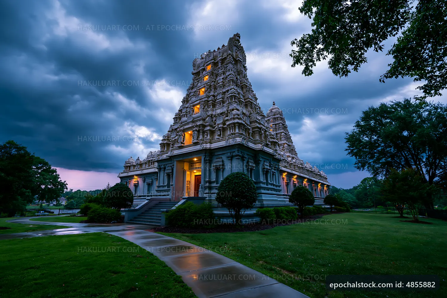 Temple with detailed architecture under dark cloudy sky