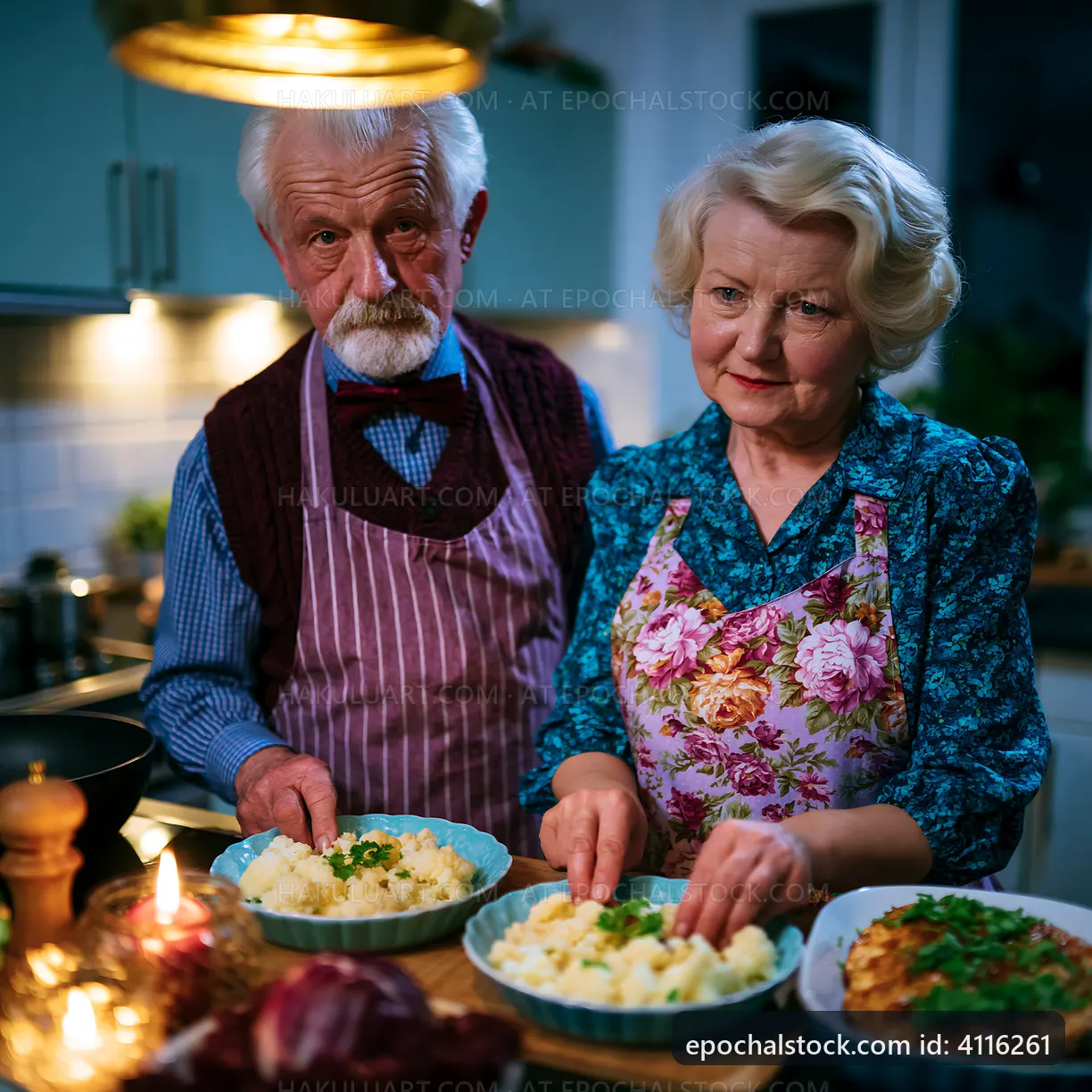 Elderly couple preparing dinner together in a cozy kitchen