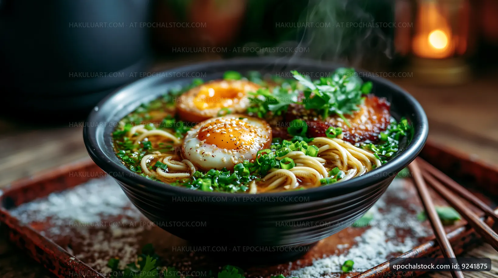 Hot bowl of ramen with soft-boiled eggs and green herbs