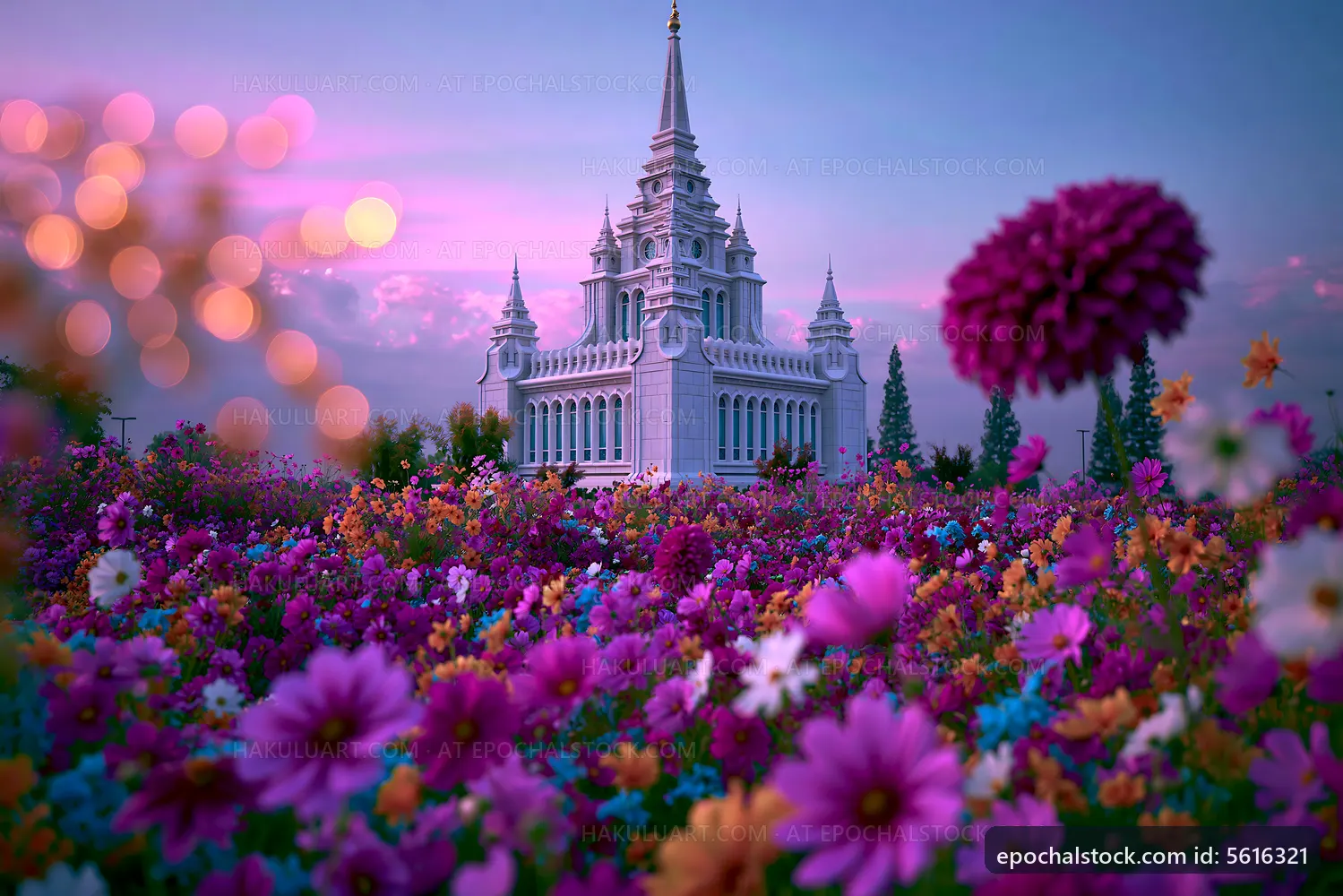 Colorful flowers surround a white temple at sunset