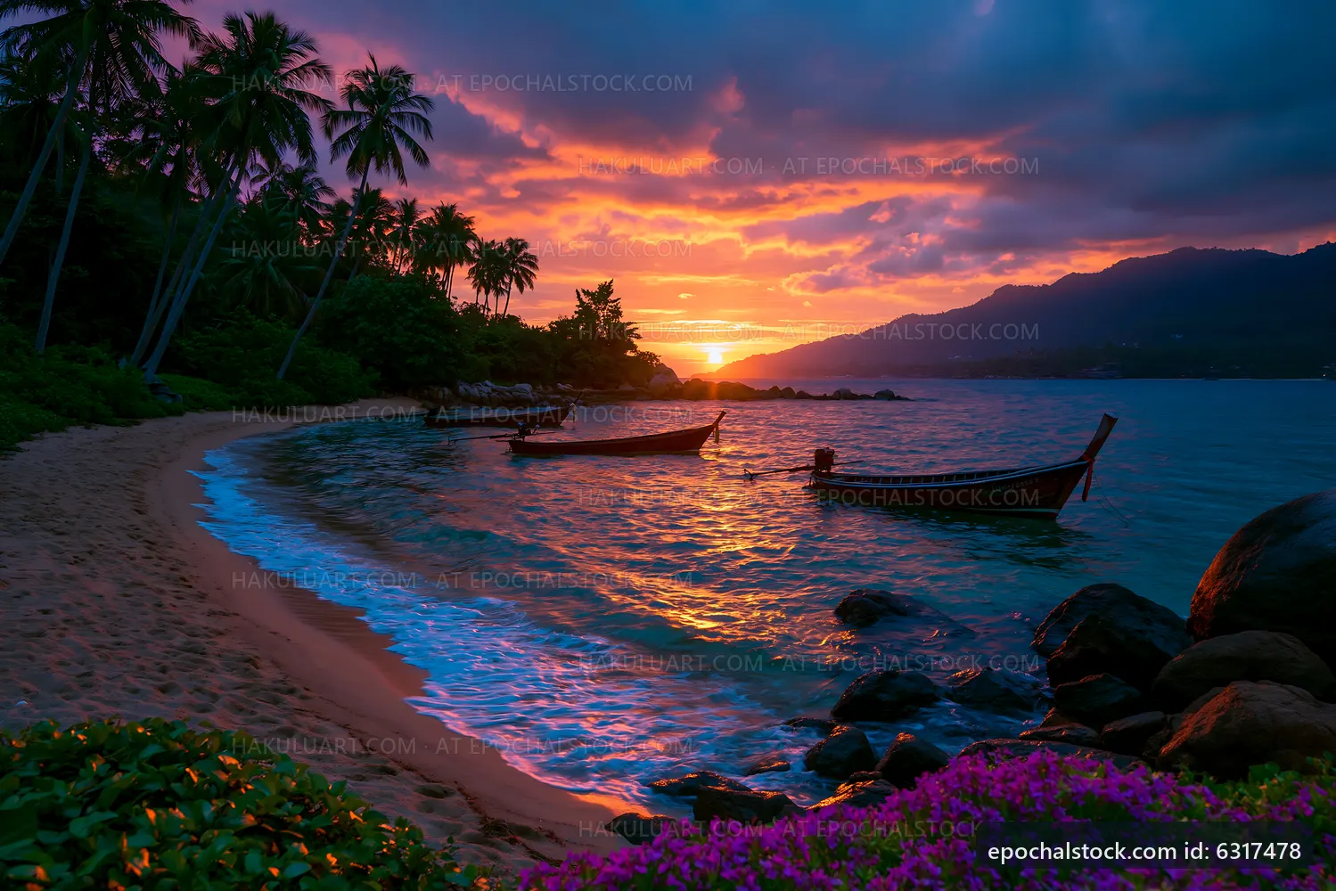 Sunset over the beach with boats and palm trees in Thailand