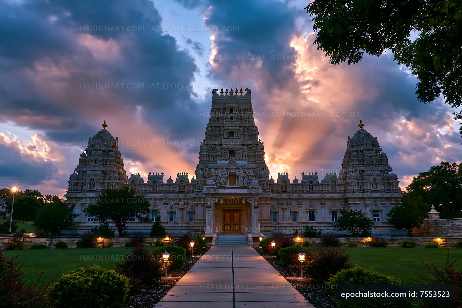Sunset view of a large temple complex with detailed architecture