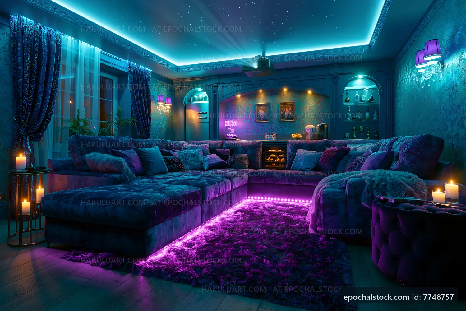 Modern home interior with blue lighting and cozy seating area