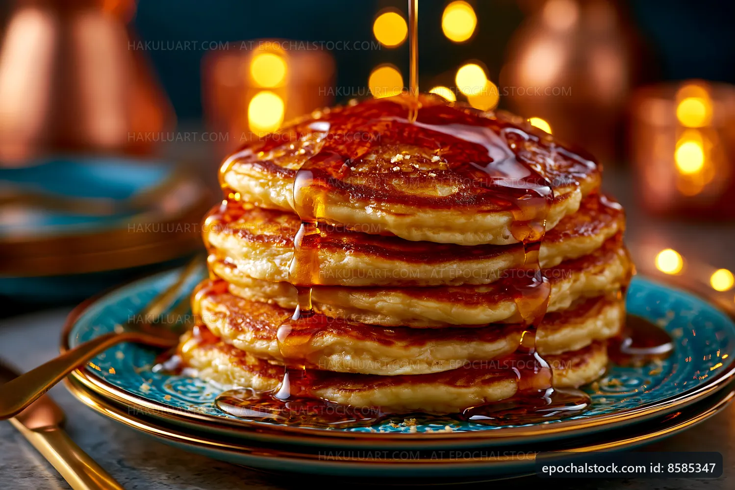 Stack of pancakes with syrup on a blue plate