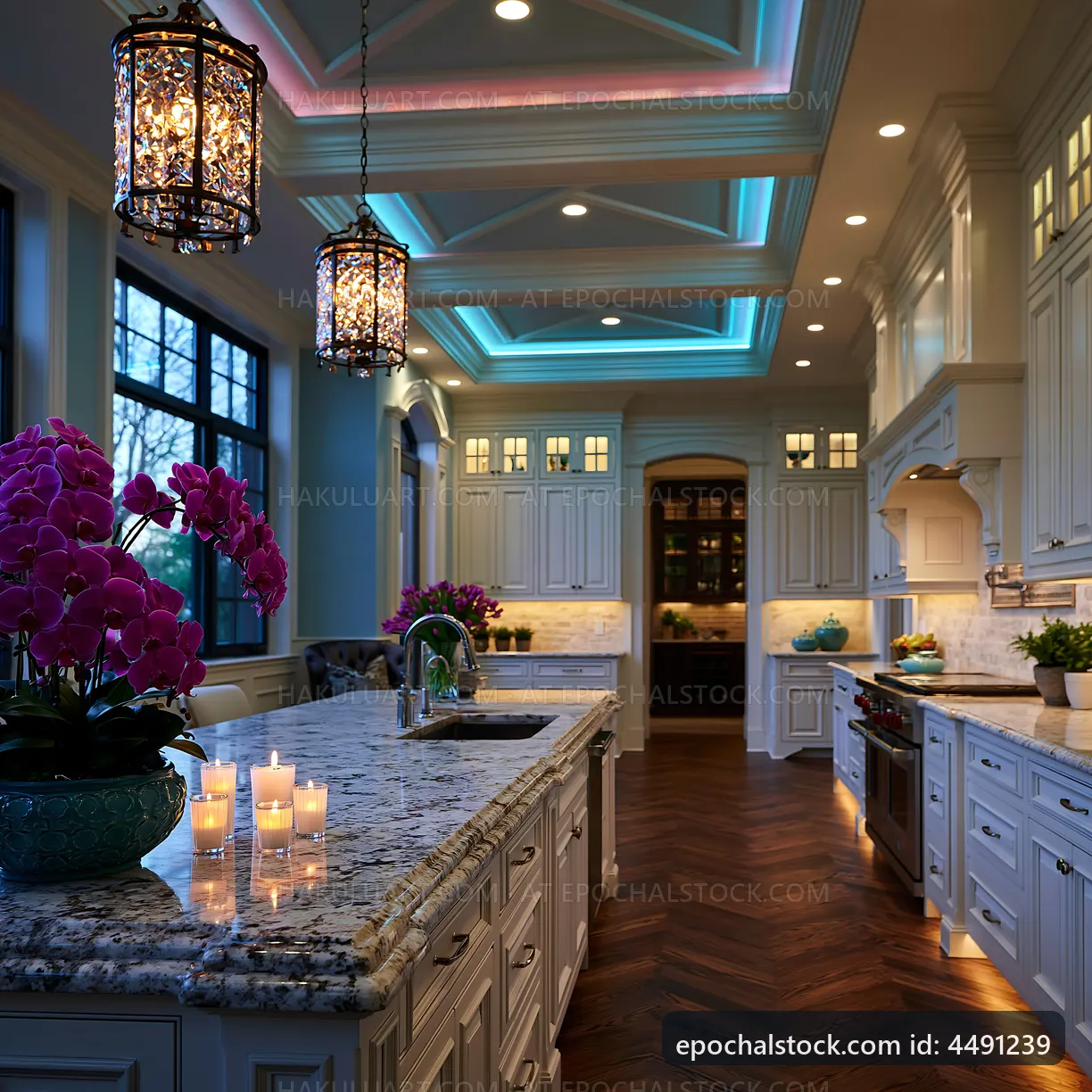 Modern kitchen with elegant lighting and flower decorations