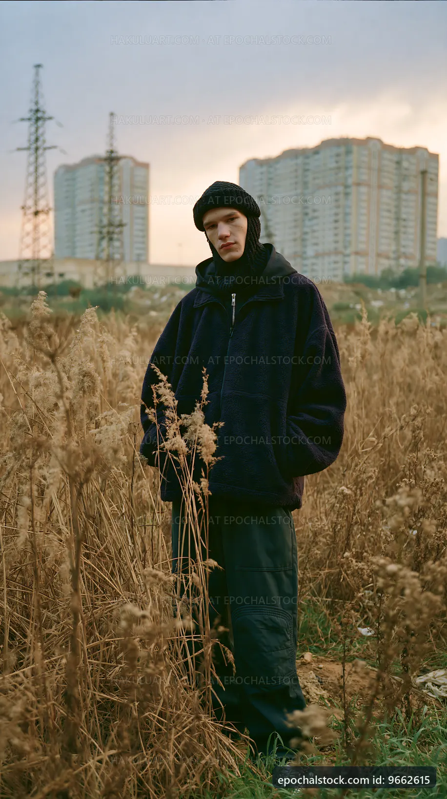 Person standing in field near buildings during sunset