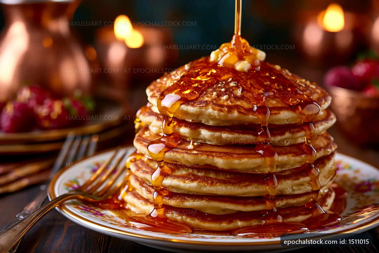Stack of pancakes with syrup on a plate