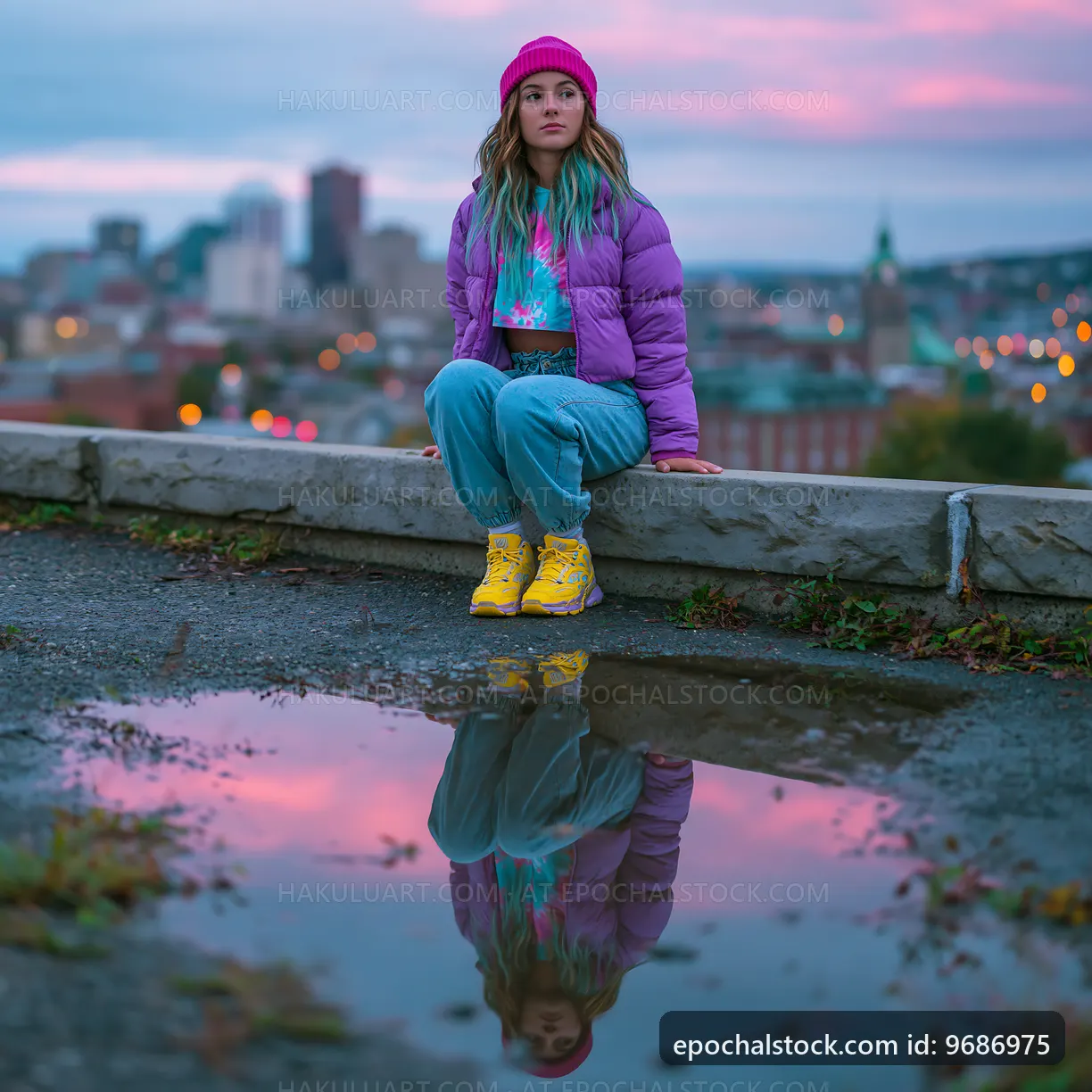 Woman sitting on a ledge with city view at sunset