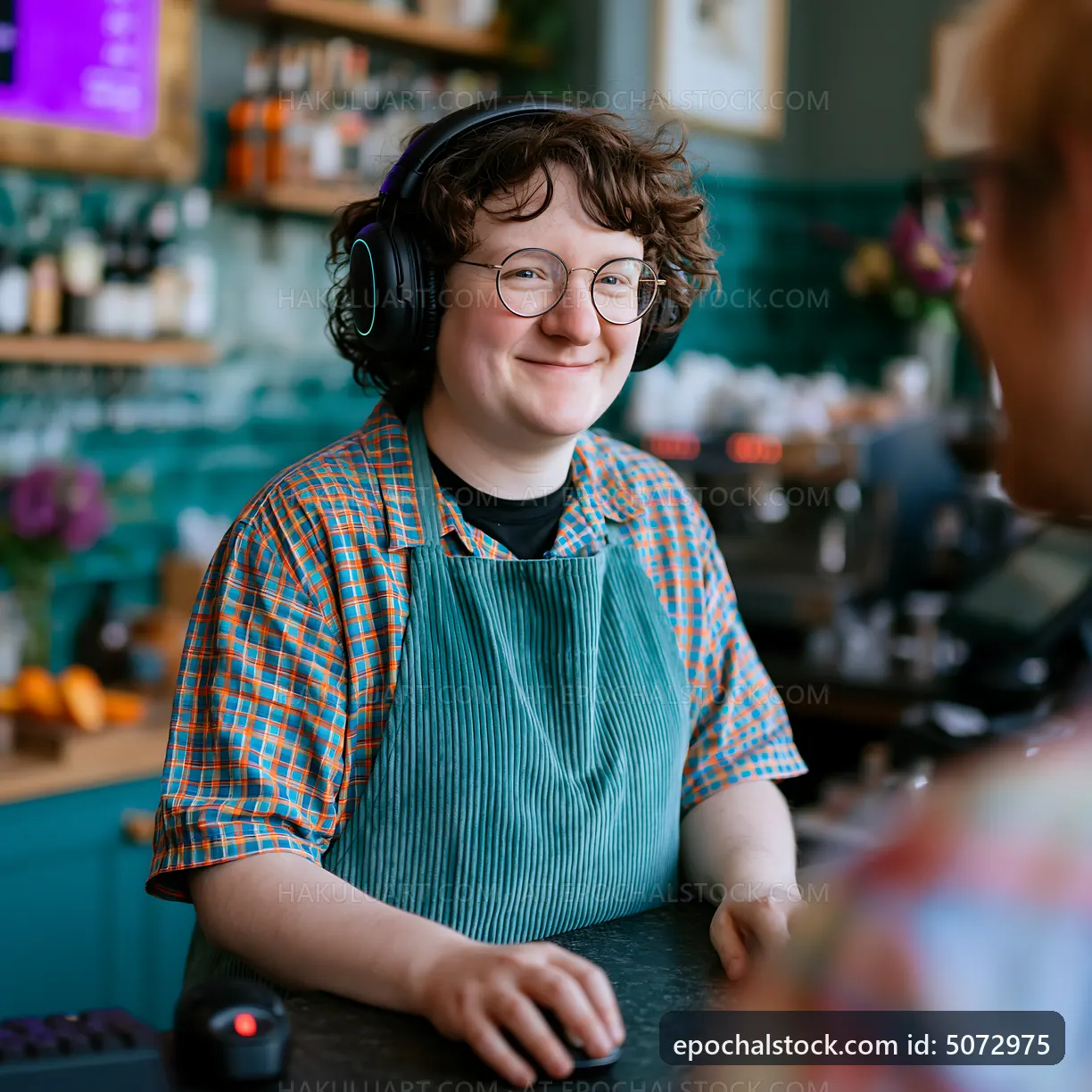 Barista serving customers at a coffee shop with headphones on