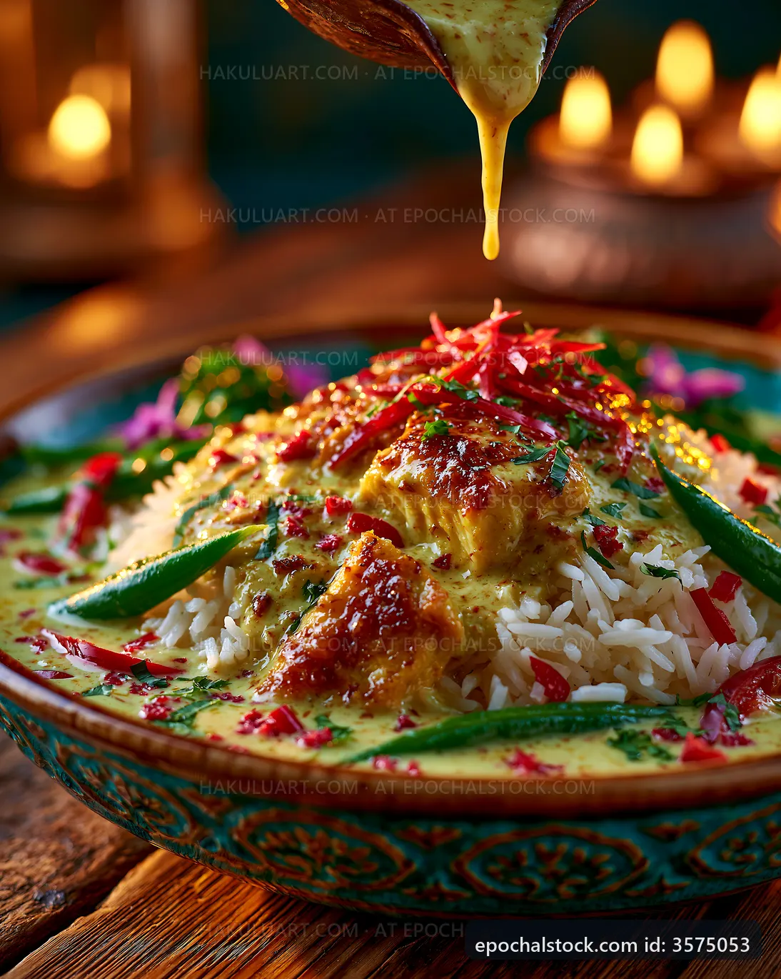 Rice dish with curry and vegetables on wooden table