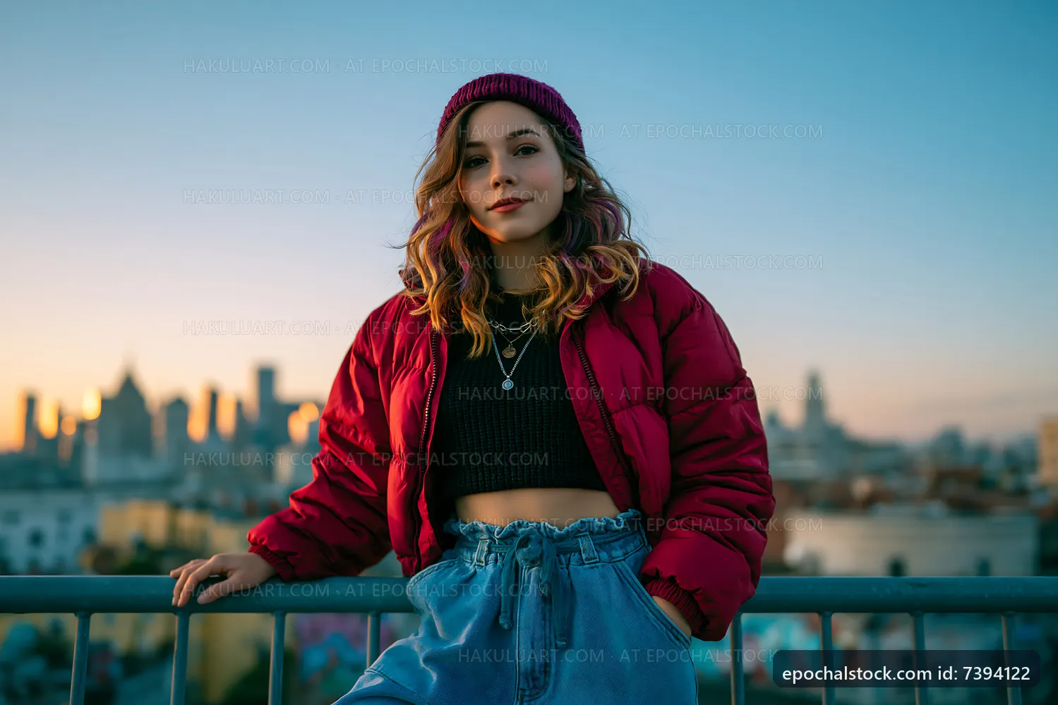Young woman in red jacket with city skyline at sunset