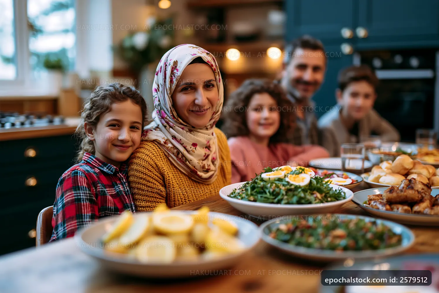 Family gathering with traditional dishes on a dining table