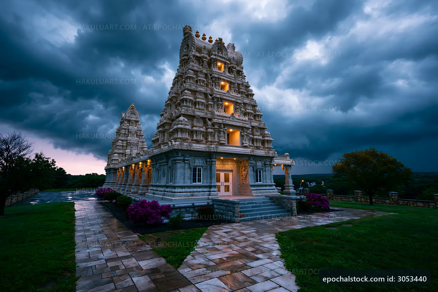 Ancient temple structure under stormy clouds at dusk