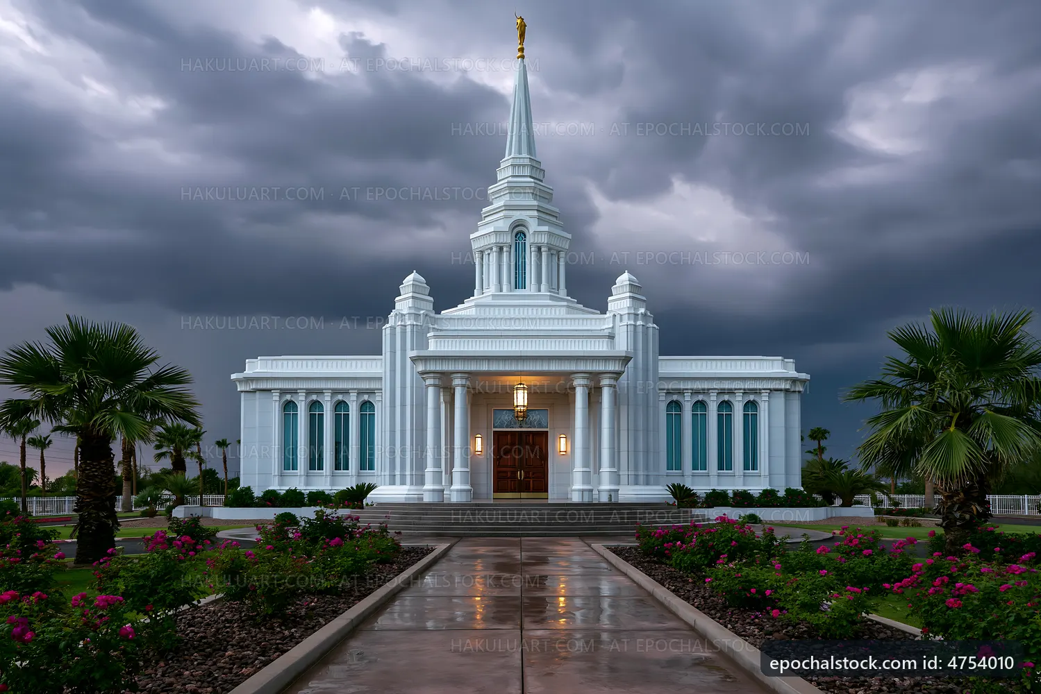White temple under dark stormy sky with palm trees