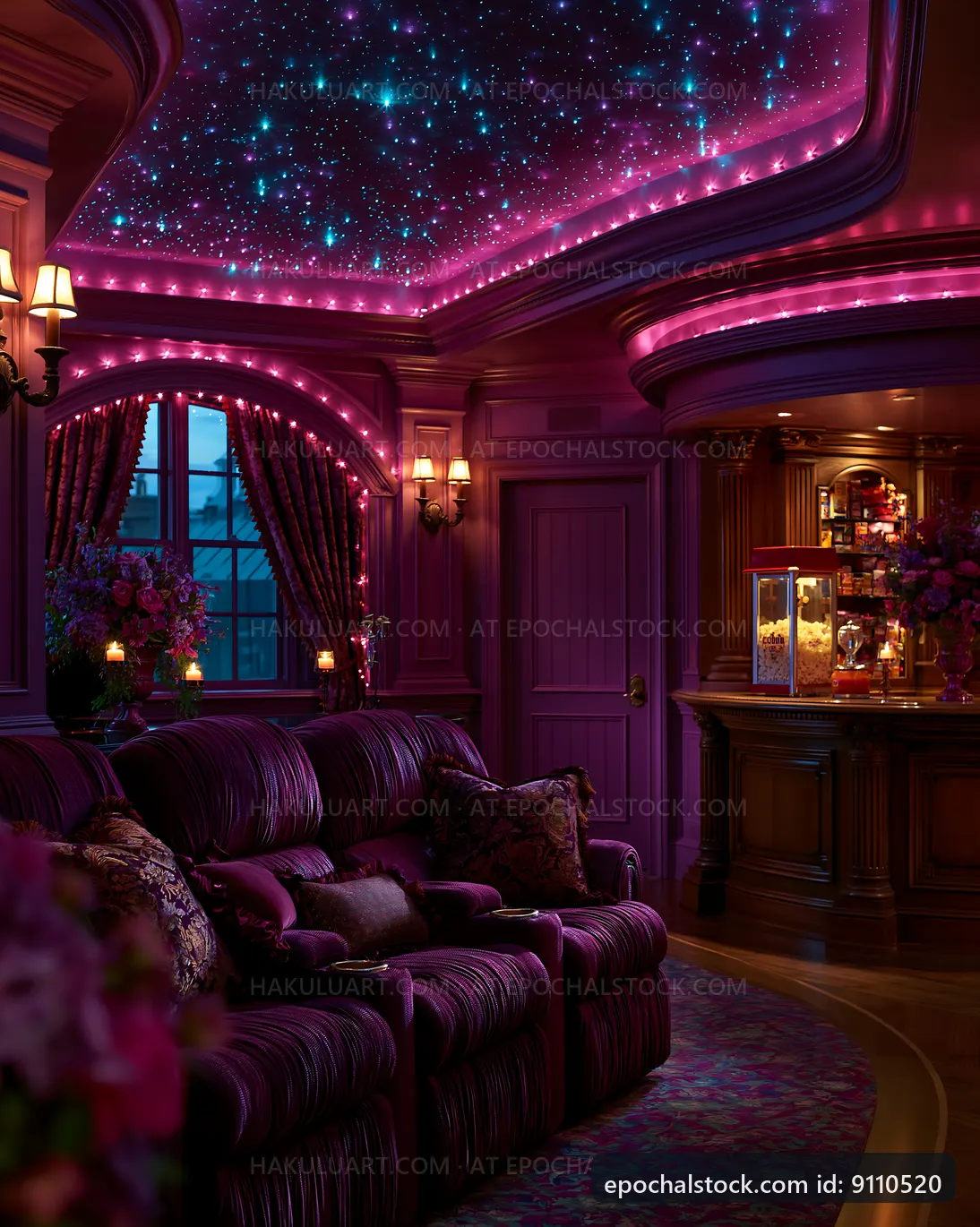 Cozy interior with purple lighting and starry ceiling