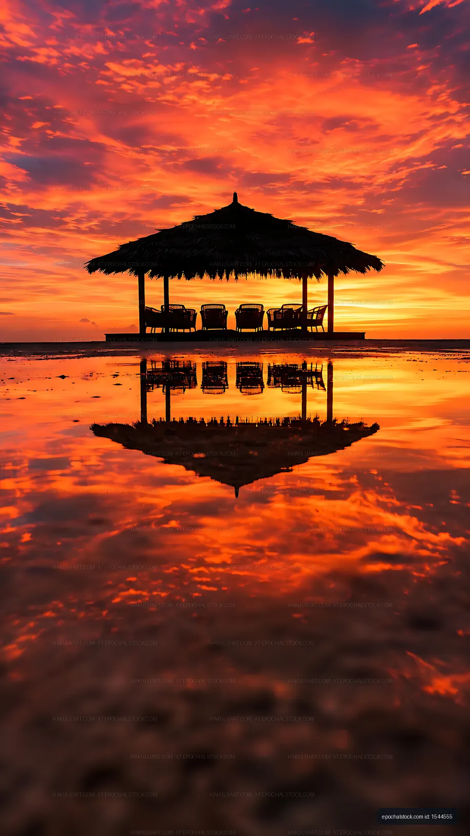 Sunset over a beach gazebo with chairs silhouetted against the sky