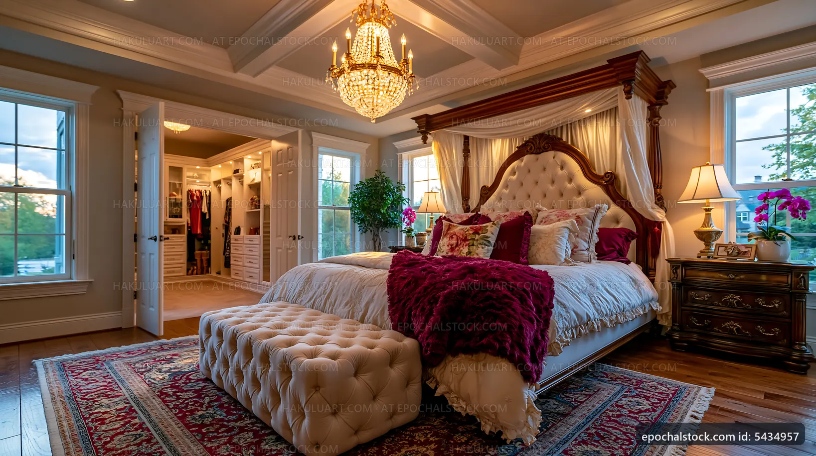 Elegant bedroom with large windows and stylish decor
