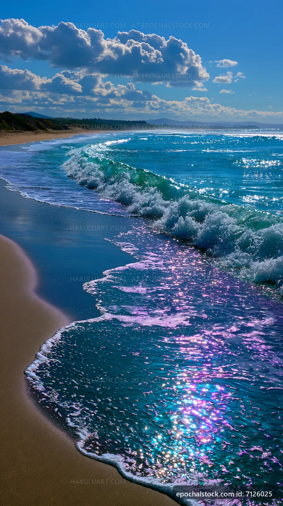 Waves rolling onto sandy beach under blue skies