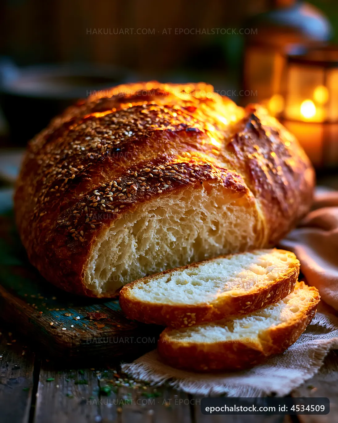 Freshly baked bread on a wooden table with warm light