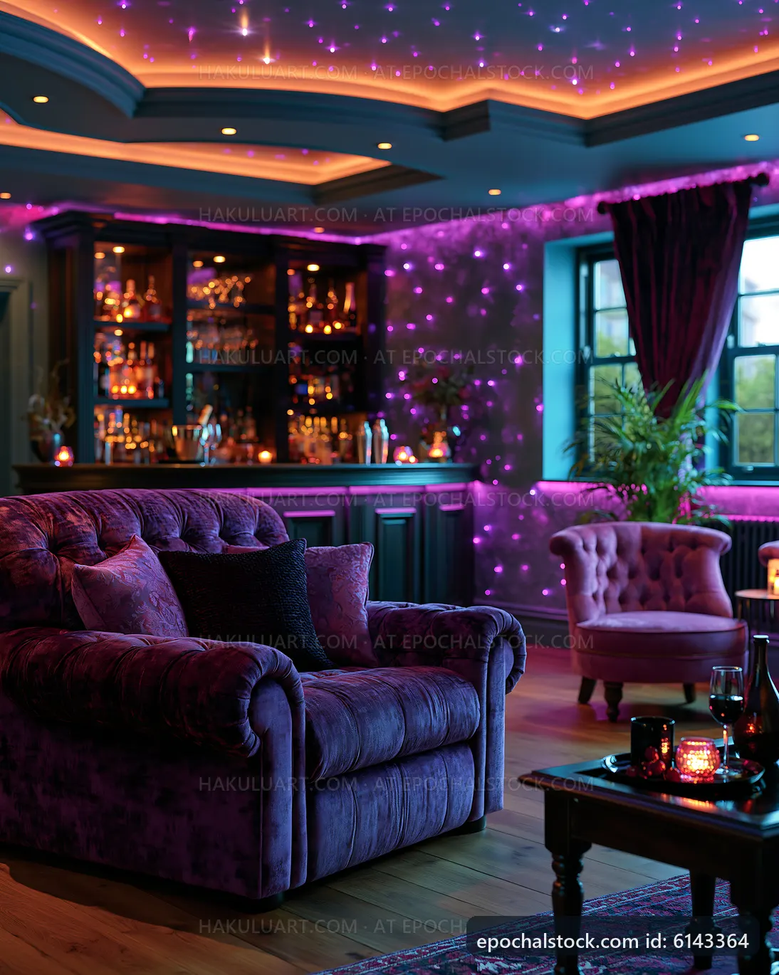Cozy purple lounge with bar and soft lighting in modern setting