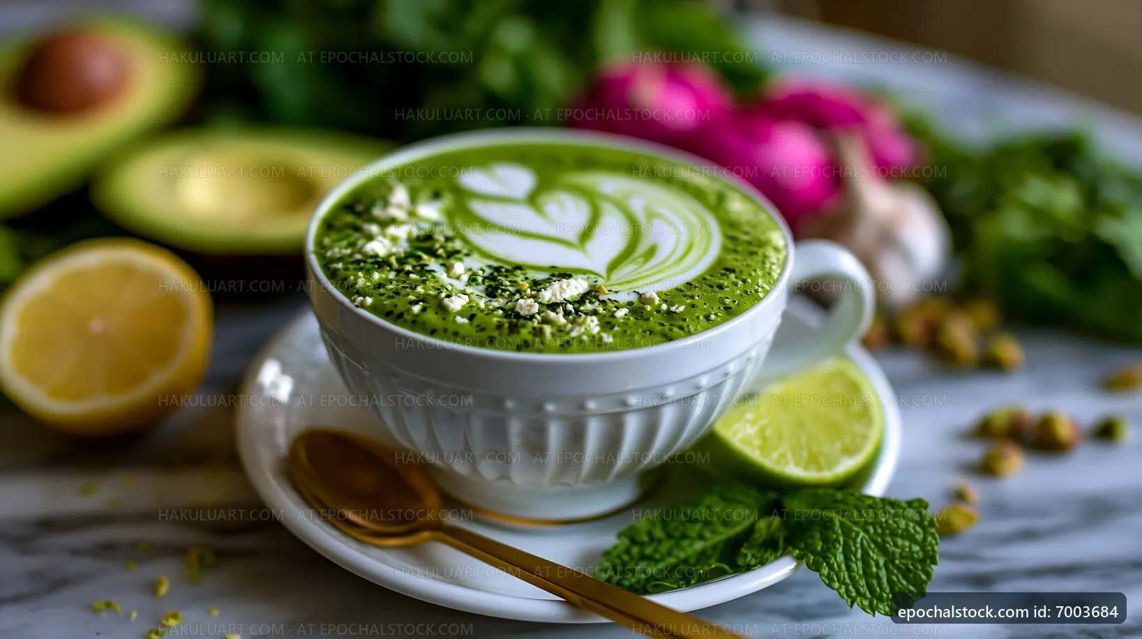Green matcha latte with garnishes on a marble table