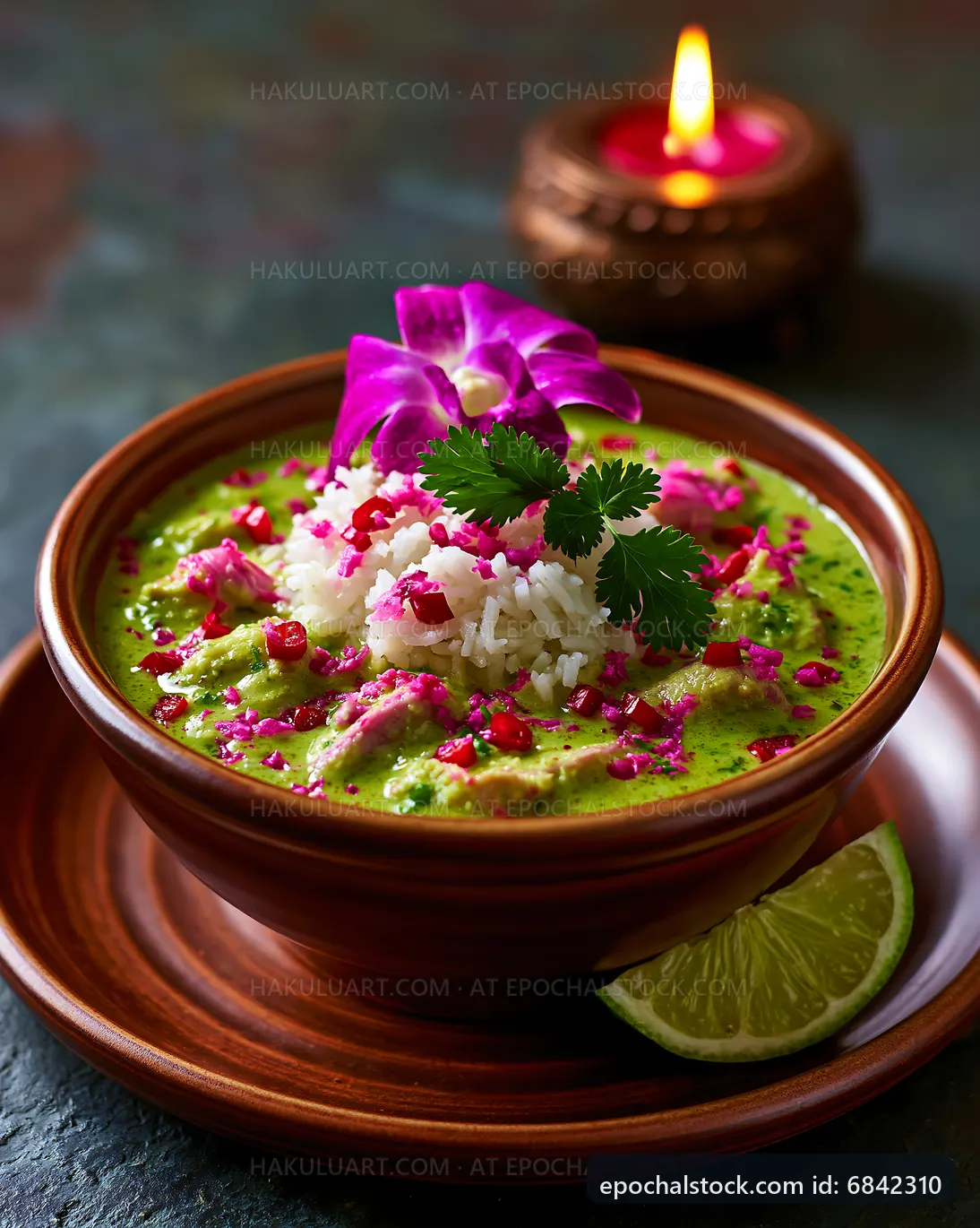 Green curry with rice and garnishes in a bowl