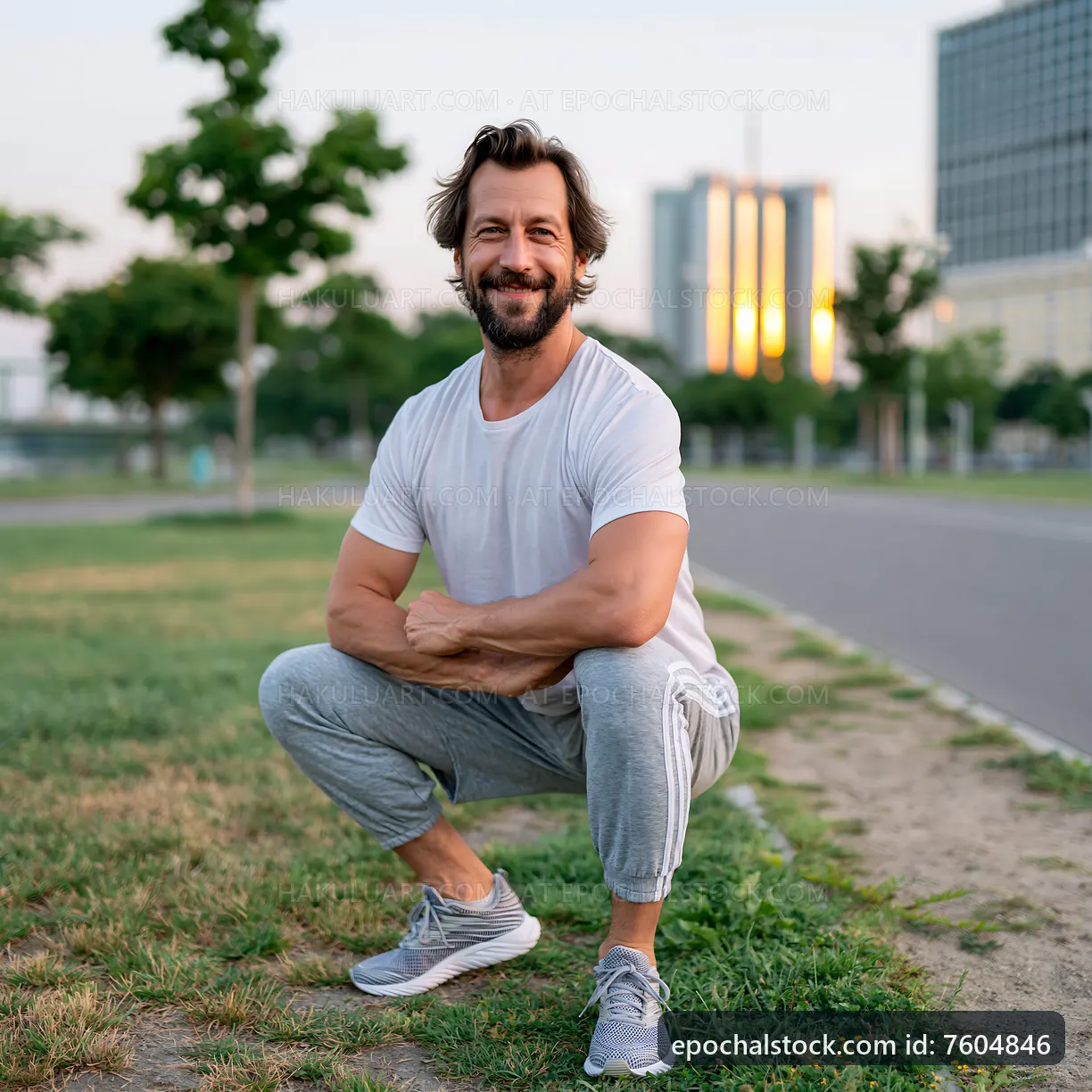 Man squatting in park in city during evening light