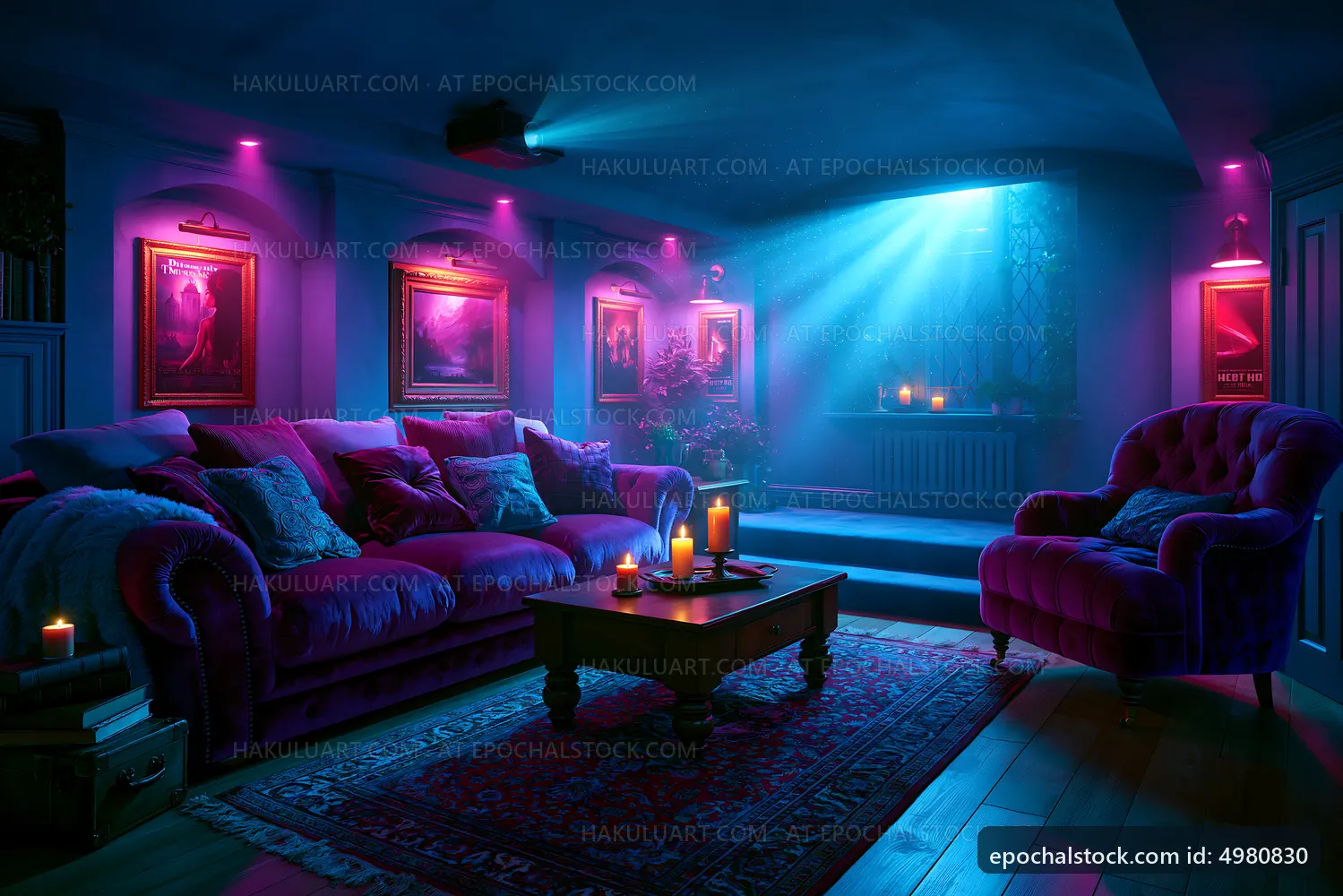 Cozy living room with modern lighting and art on the walls