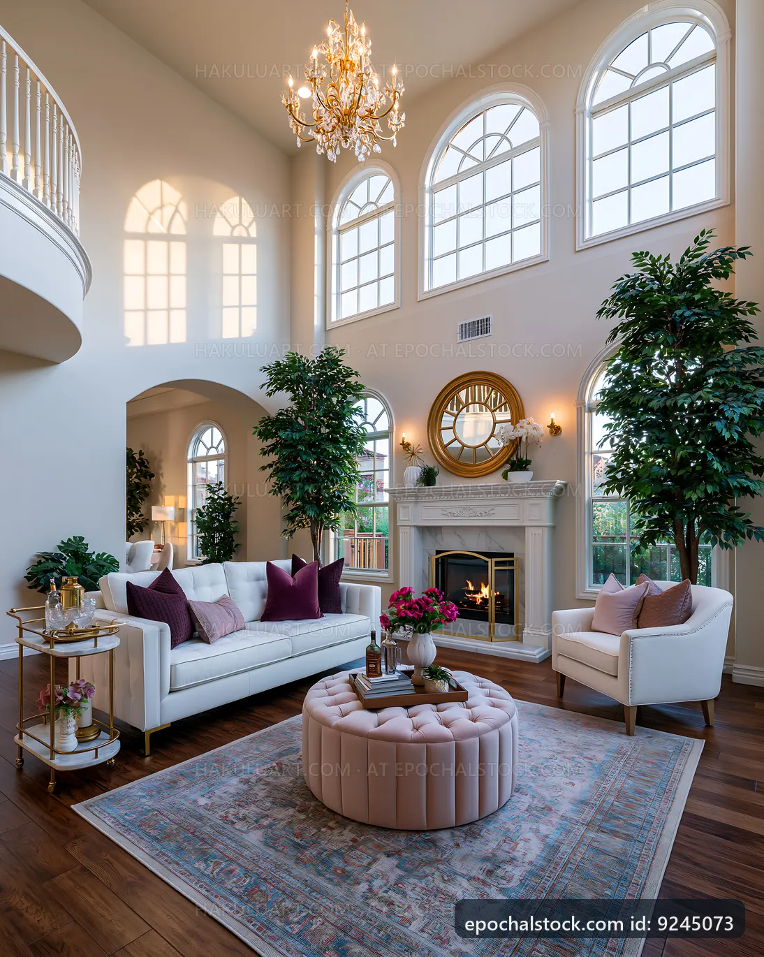 Bright living room with large windows and elegant decor