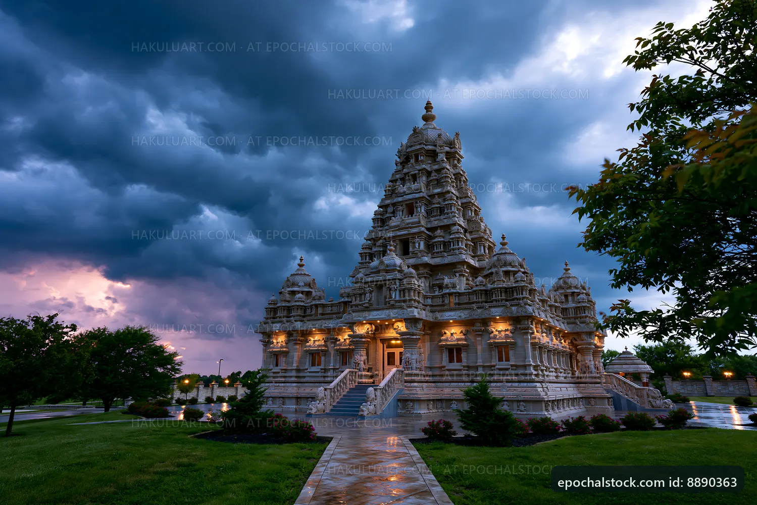 Hindu temple under cloudy sky at dusk