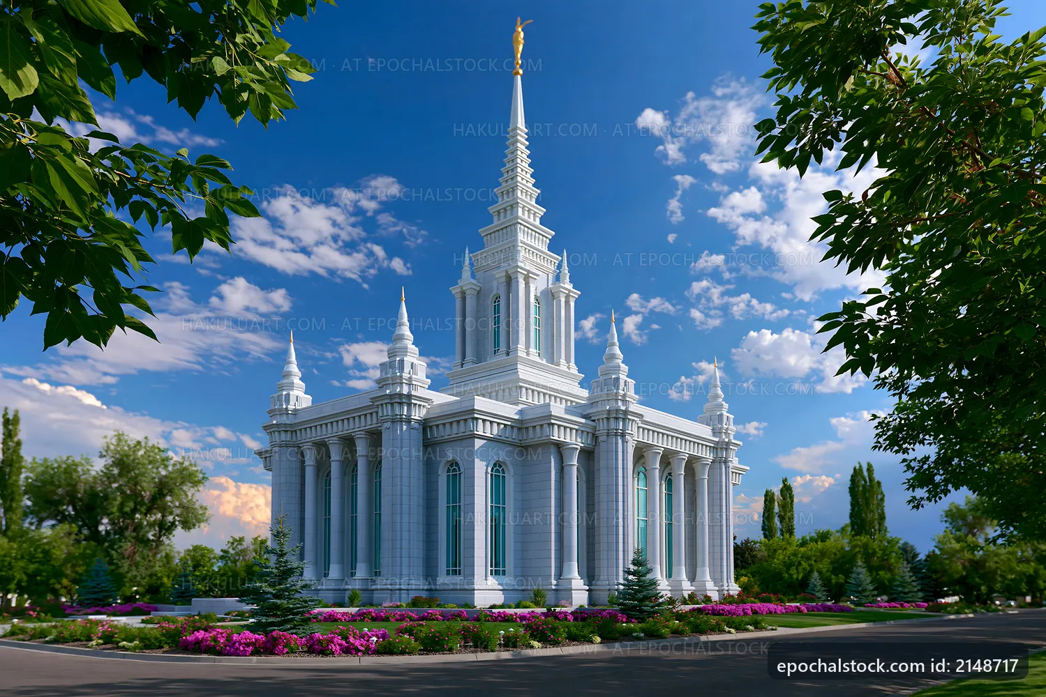 Building with tall spire surrounded by trees and flowers