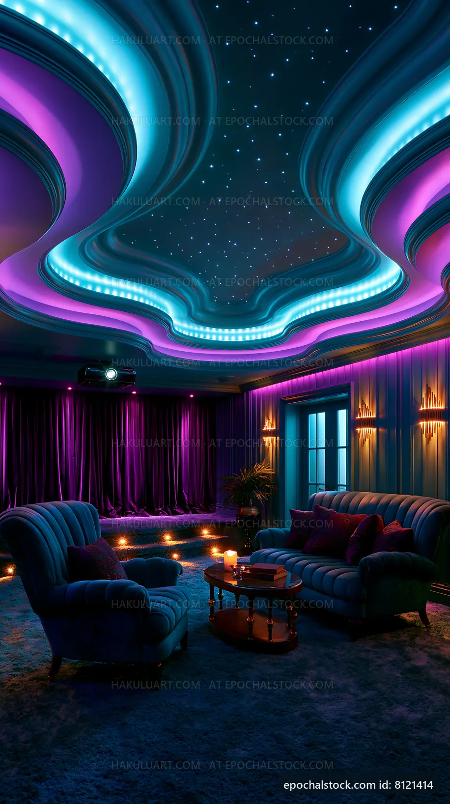 Cozy home theater with colorful lighting and plush seating