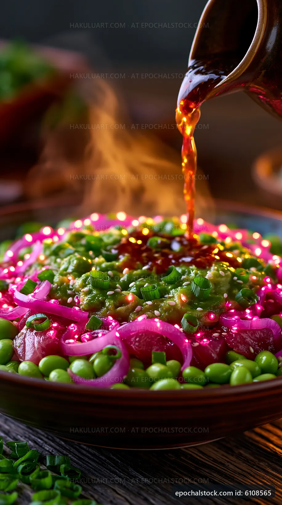 Colorful dish with sauce being poured over green vegetables and onions