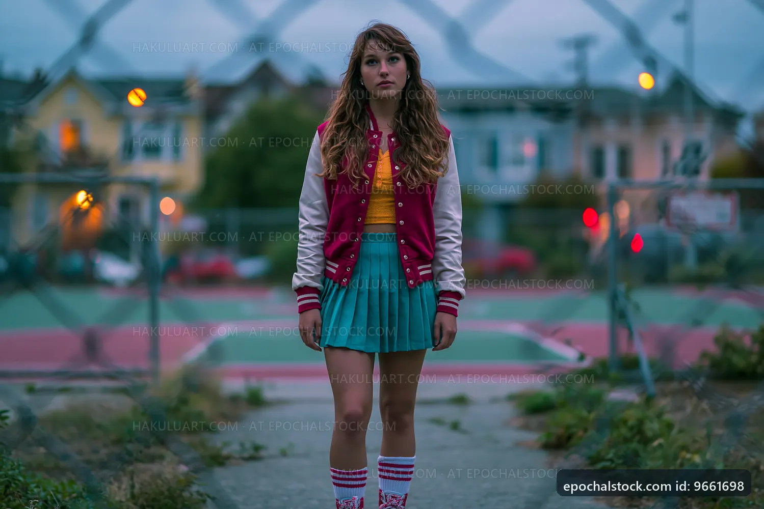 Teen girl standing in front of a fence near an empty sports court