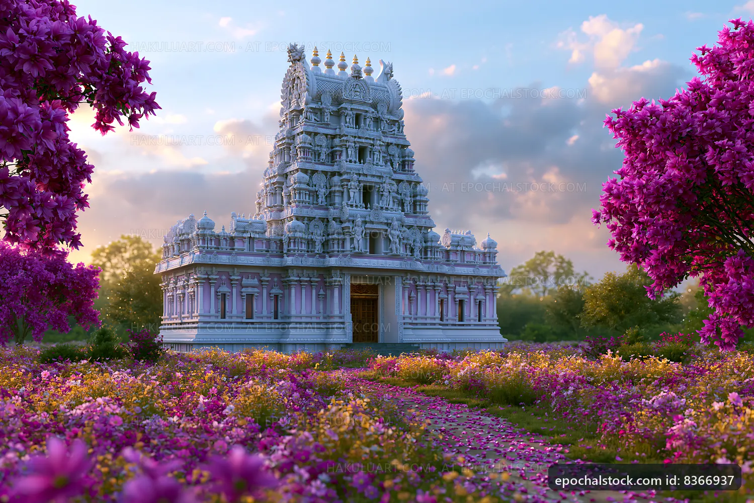 Temple surrounded by flowers in a colorful landscape