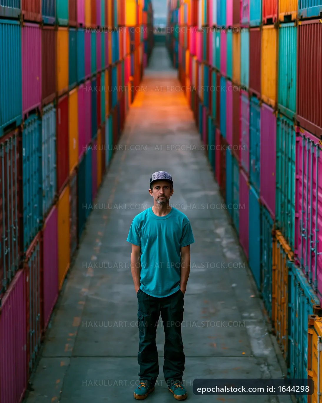 Man standing between colorful shipping containers in a port