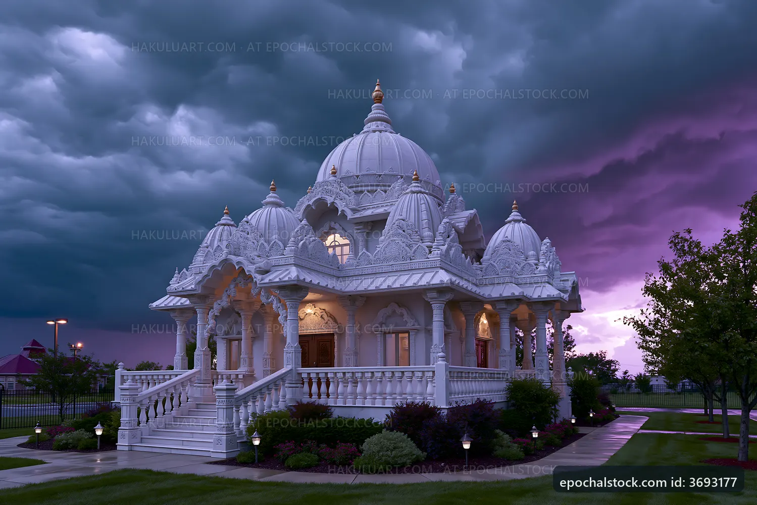 Beautiful temple under stormy sky at dusk