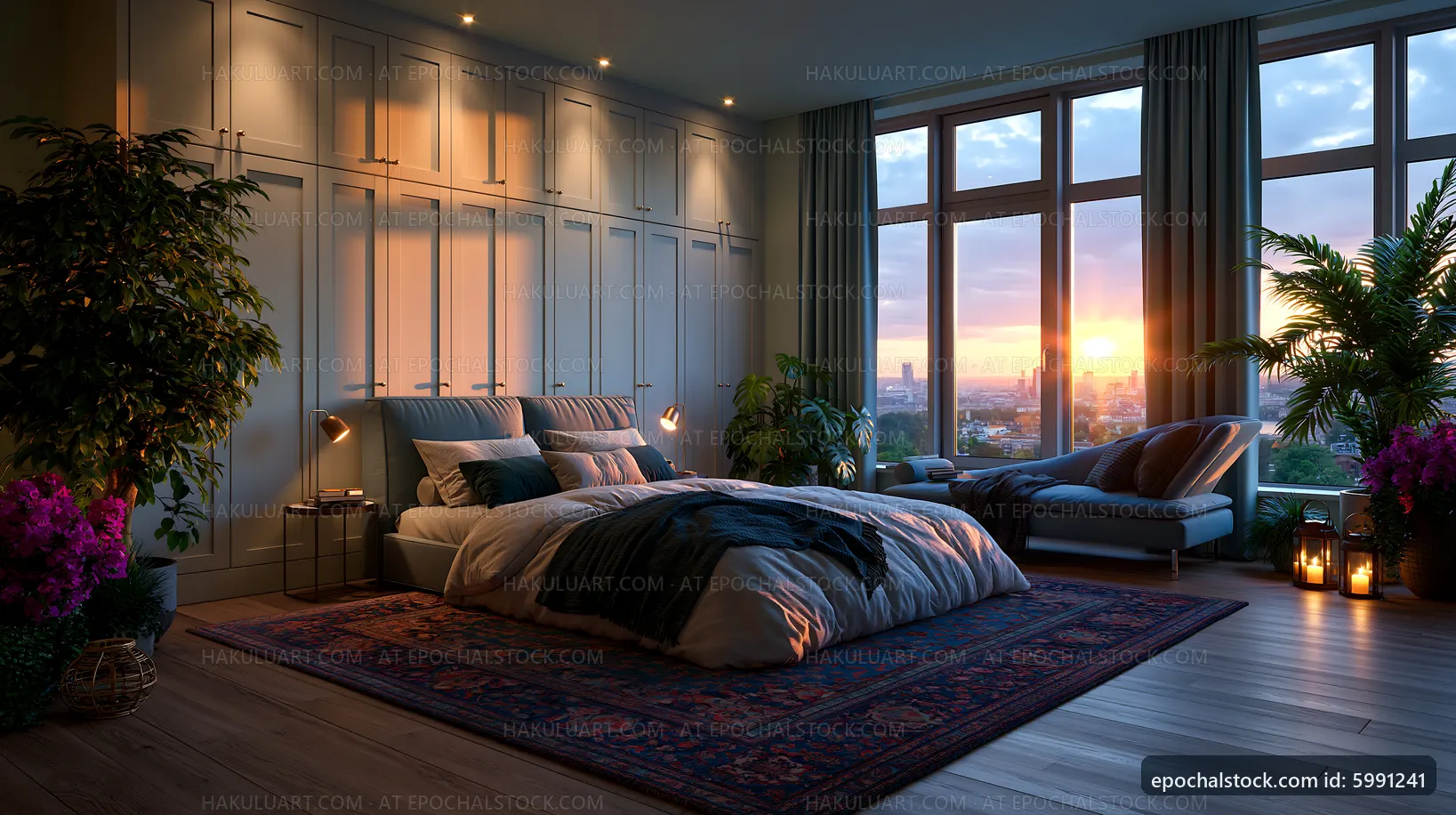 Modern bedroom with a view of the sunset in an urban setting