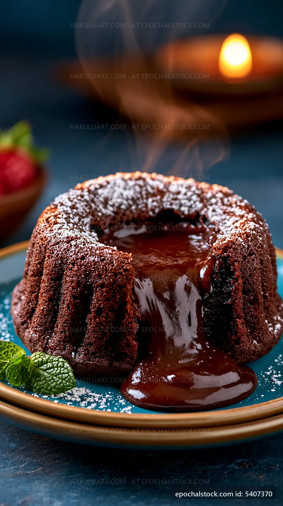 Chocolate lava cake with warm chocolate sauce and mint leaves