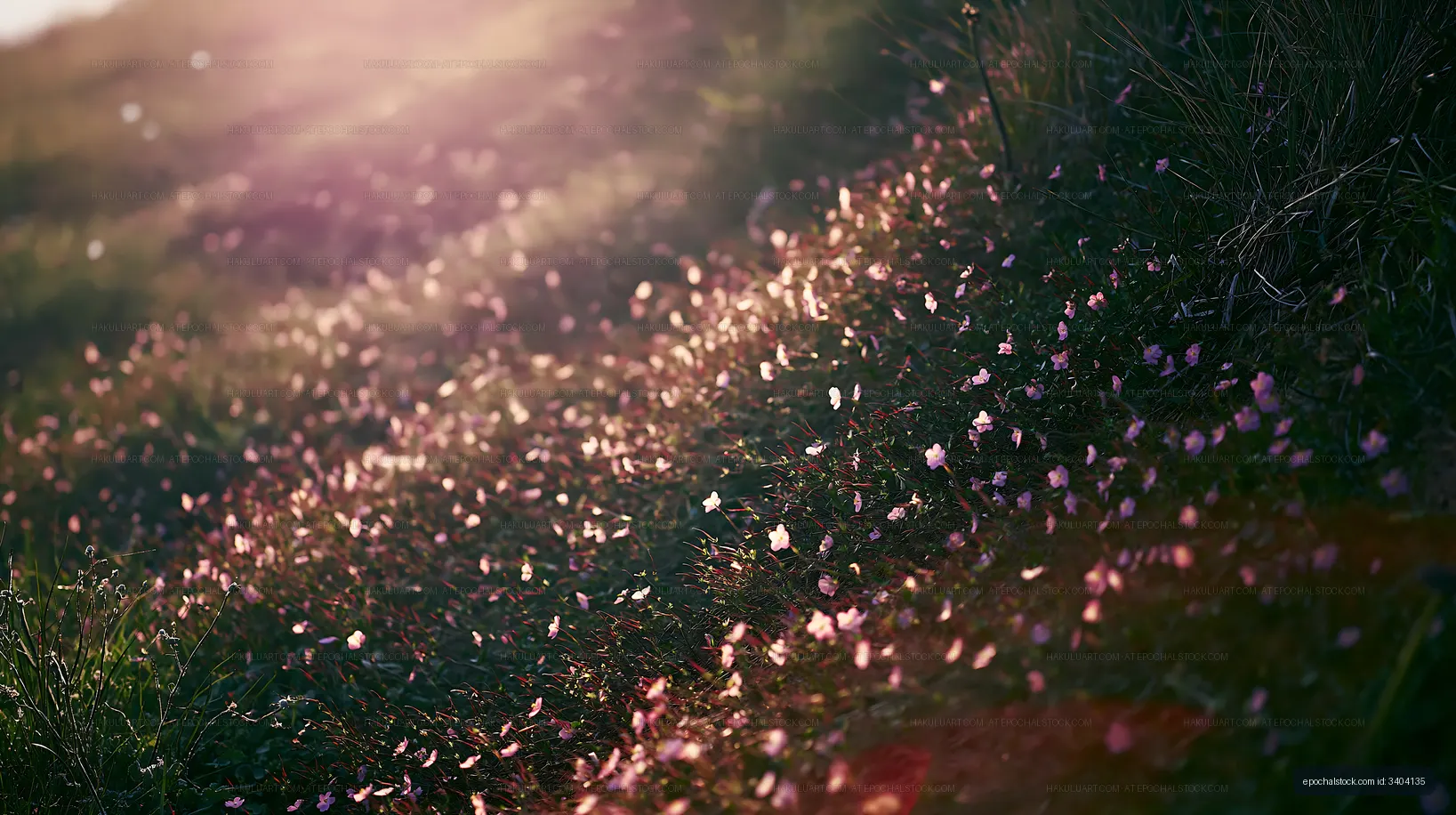 Sunlight glimmers on flower petals in a green field